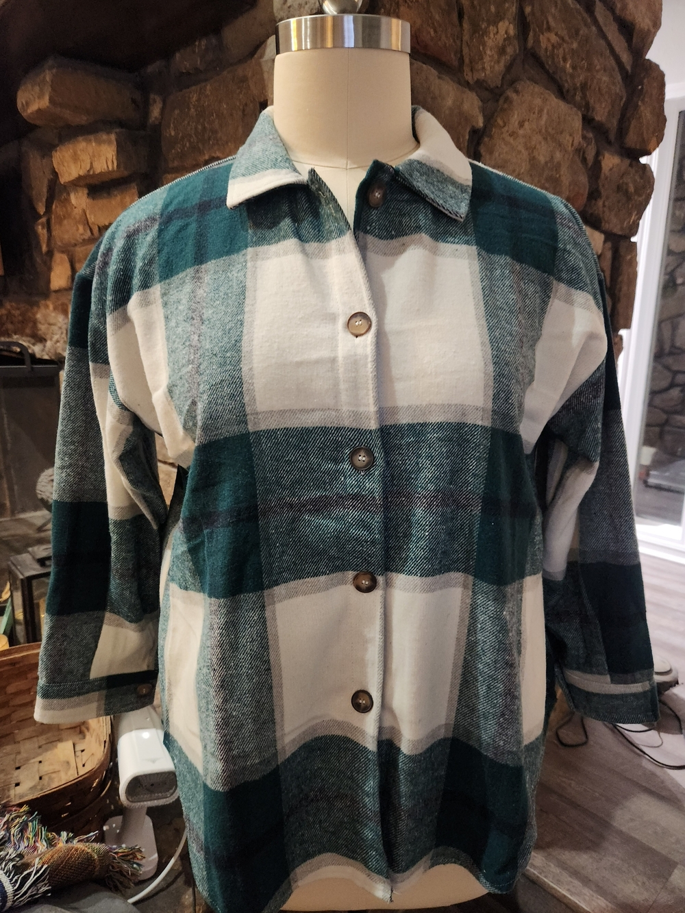 Zaful Teal and White Plaid Button-Front Shacket
